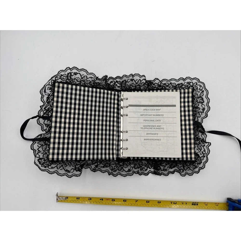 Vintage 1990s Black White Gingham Lace Address Book Cameo Victorian Gothic NOS‎